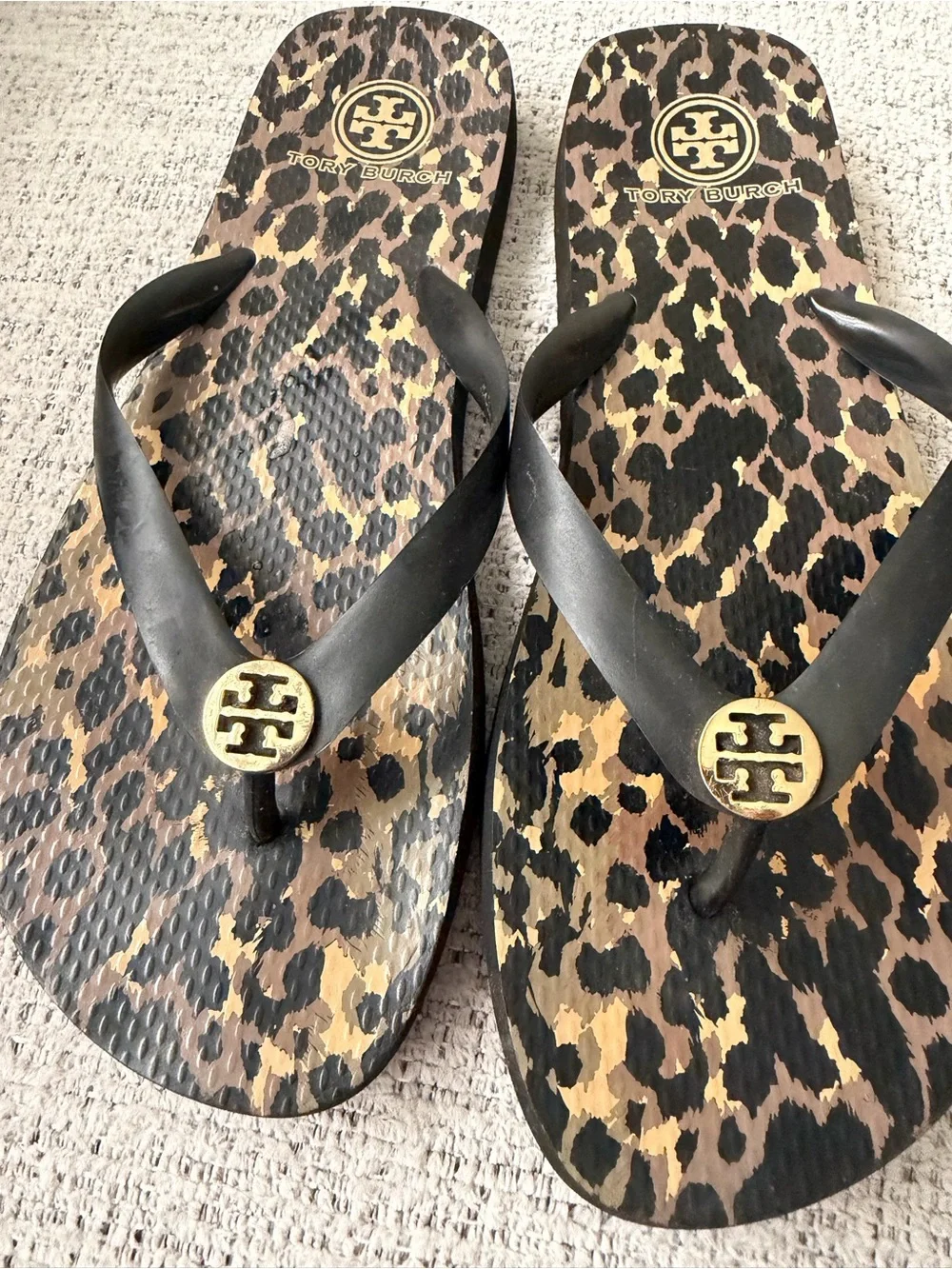 Tory Burch leopard and gold flip flops